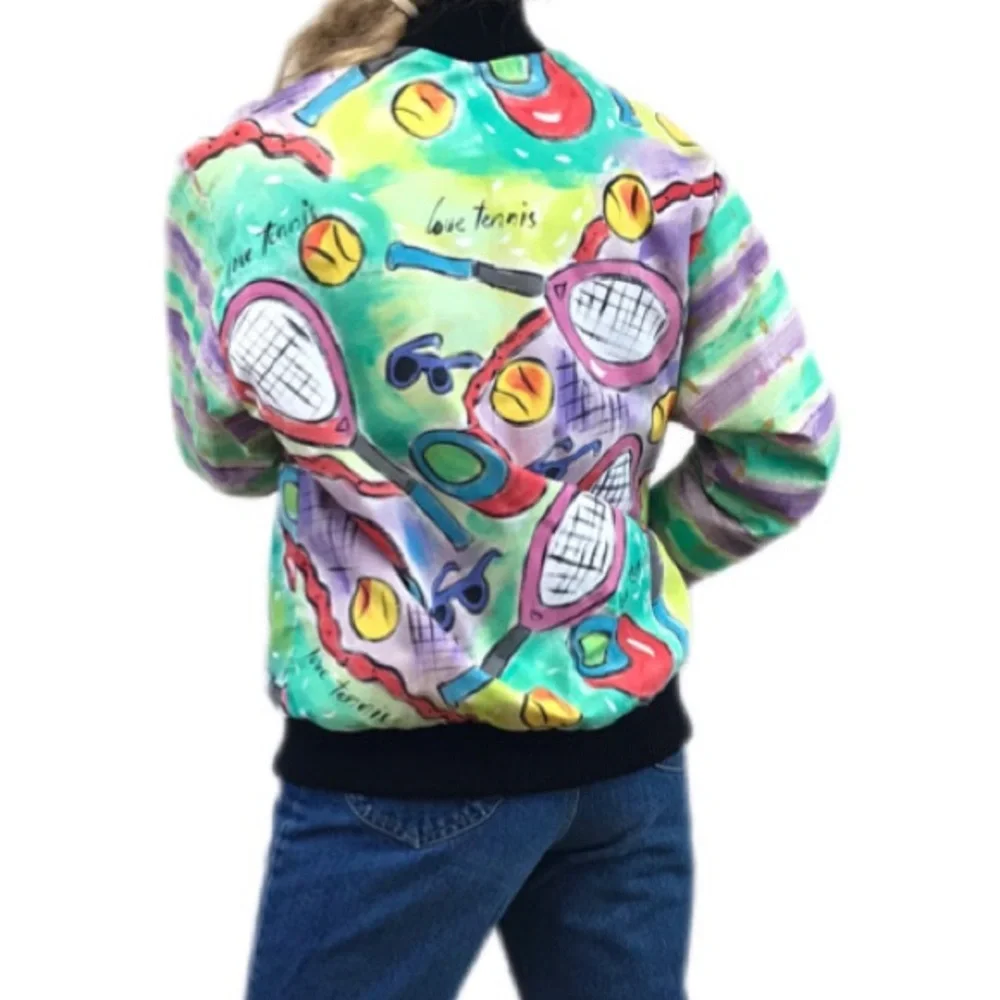 VINTAGE Hand Painted Bomber Jacket Tennis Wearable Art Artsy 80s 90s Size Small - Picture 2 of 15
